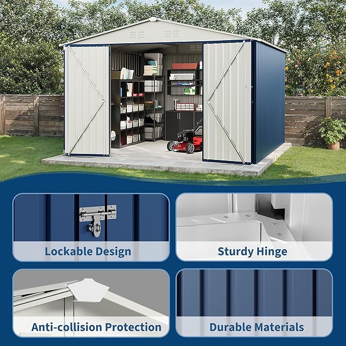 10 x 10 FT Outdoor Storage Shed,Metal Garden Sheds&Outdoor Storage Clearance, Large Tool Shed Outdoor with Single Lockable Door，Ideal Storage House for Backyard Garden Patio Lawn,Navy Blue