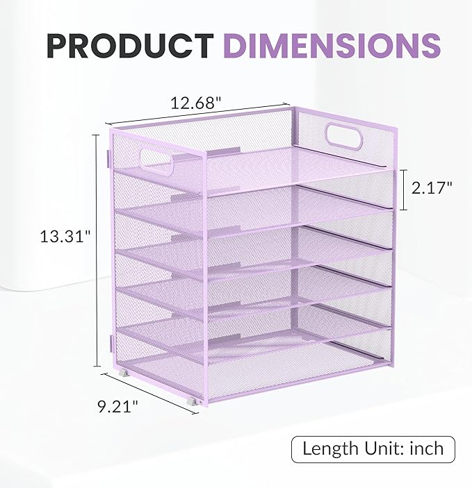 Daltack 6 Tier Paper Organizer for Desk, Paper Letter Tray Organizer for Desks, Mesh Desk File Organizers with Handle for Office, Home, School, Purple, 2 Pack