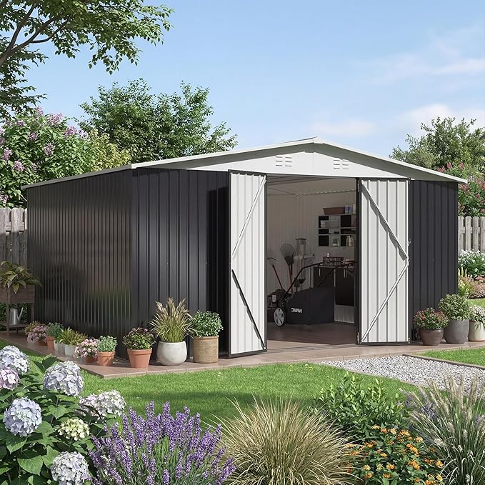 12x14 FT Storage Shed,Garden Shed with Updated Frame Structure and Lockable Doors, Metal Tool Sheds for Backyard Garden Patio Lawn,White