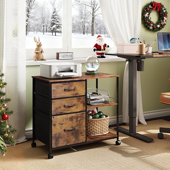 DEVAISE 3 Drawer Mobile File Cabinet, Rolling Printer Stand with Open Storage Shelf, Fabric Lateral Filing Cabinet fits A4 or Letter Size for Home Office, Rustic Brown Wood Grain Print
