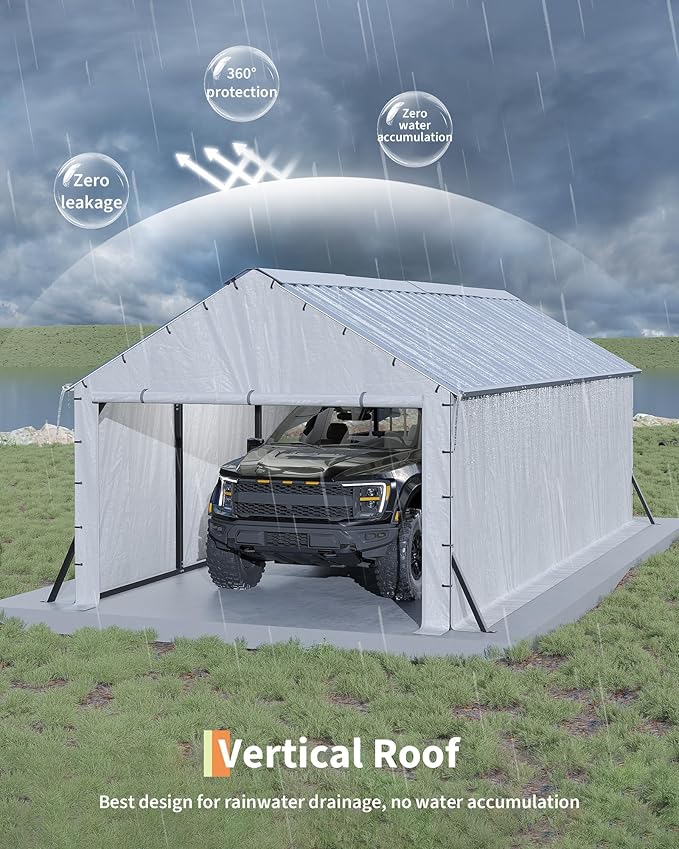 GarveeLife 11'x20'x9' Vertical Roof Metal Carport, Enclosed Car Ports with Heavy Duty Steel Frame, for All-Weather, for Full-Size Pickup Trucks, Boats, and Tractors