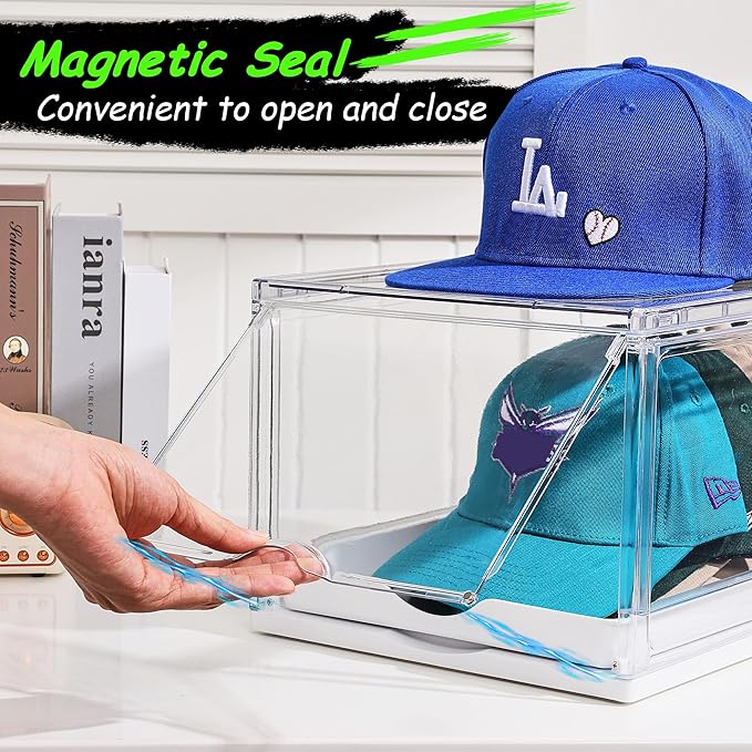 Vtopmart 2 Pack Hat Organizer for Baseball Caps, Clear Hats Holder Box with Drawer, Large Cap Storage with Sliding Tray, Stackable Rack Display Case with Magnetic Door, Each Holds 12 Hats