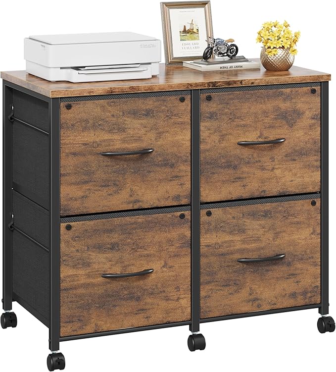 4 Drawer Lateral File Cabinet, Mobile Filing Cabinet for Large Printer, Home Office Functional Small Office Storage Cabinet & Printer Stand, Fits Letter/A4, Rustic Brown