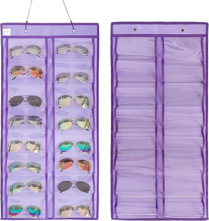 Dual-sided Hanging Sunglasses Organizer Dust-Proof Glasses Storage Wall Pocket Eyeglasses Display Case with 32 Slots