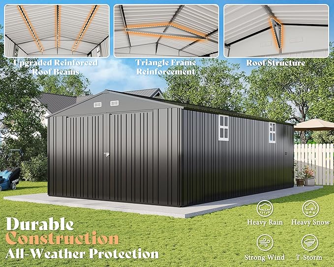 AMERLIFE 13x21x8 FT Outdoor Metal Garage Shed, Extra Large Storage Shed with Double Hinged Doors, 4 Windows, Heavy Duty Carport for Cars, Boats, Trucks and Equipment Storage, Dark Gray