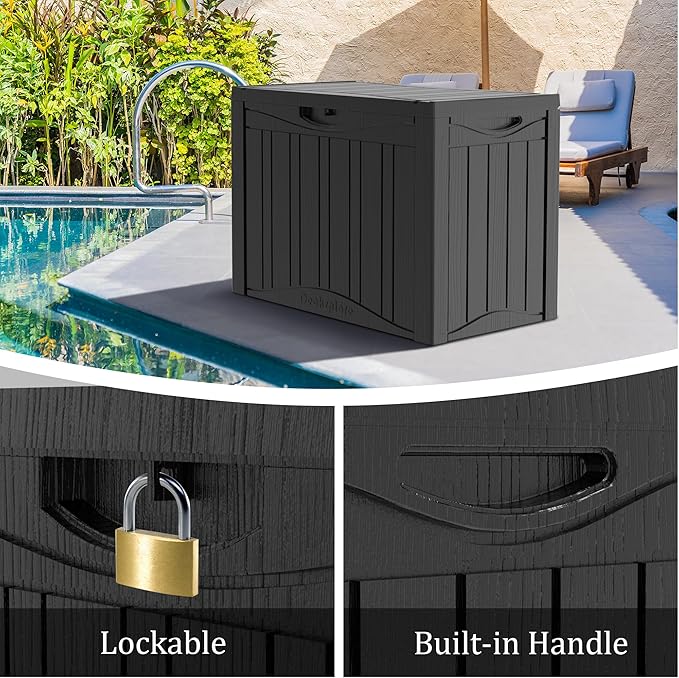 50 Gallon Lockable Resin Outdoor Storage Box, Waterproof & Weather Resistant Deck Box for Patio Cushion, Garden Tools & Pool Accessories, Black