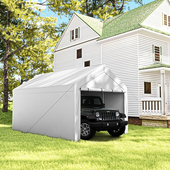10x20 Carport, Heavy Duty Carports with Removable Sidewalls, Waterproof and UV-Resistant, Portable Outdoor Garage Shelter for Cars, Vehicles, and Boats (White)