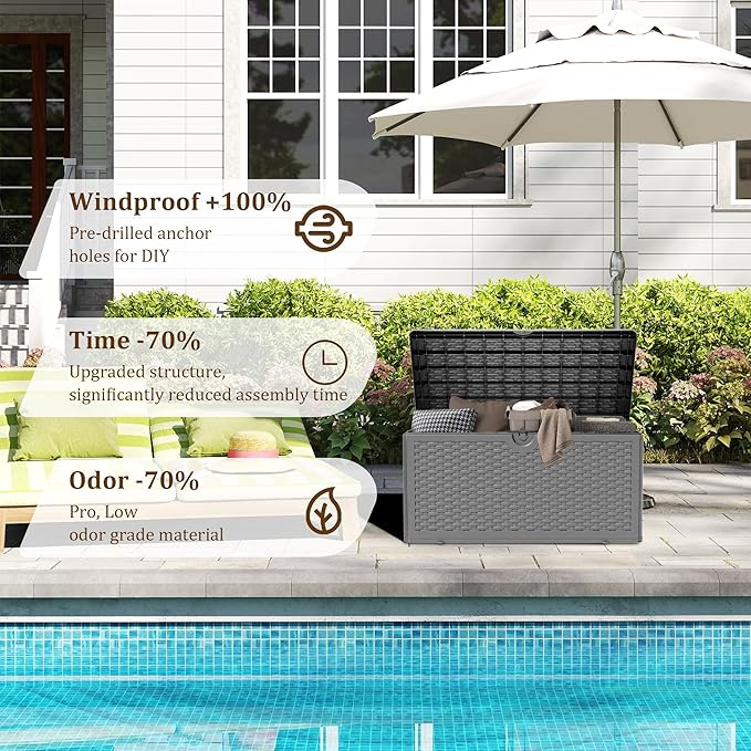 Outdoor Storage Deck Box Waterproof,90 Gallon Lockable Patio Package Delivery Bin as Seat, Resin Storage Container Bench for Furniture Cushions, Pool Accessories, Garden Tools, Black