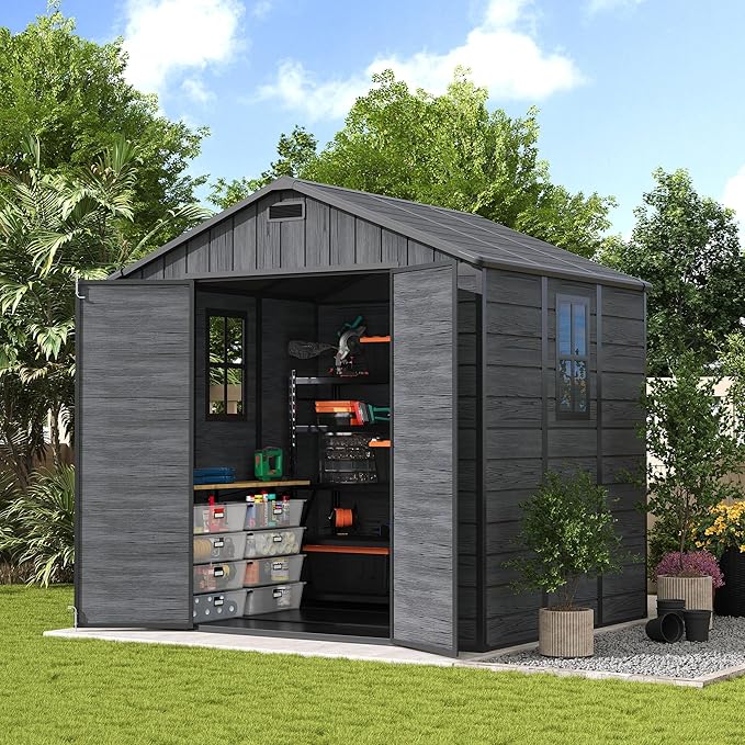 UDPATIO Resin Storage Shed 8 x 6 FT, Plastic Outdoor Storage Shed with Floor Outdside Storage Garden Patio Sheds with Lockable Door for Bike, Garbage Can, Tool, Dark Grey