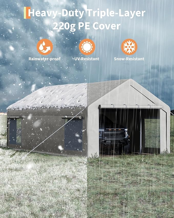 GarveeLife 13x25 ft Portable Garage, Car Port with 220 g PE Tarp Cover, with Front & Rear Roll-Up Doors and 4 Windows, for Temporary Paint Booth, Boats&Pickups Shed, and Event Shelter, White