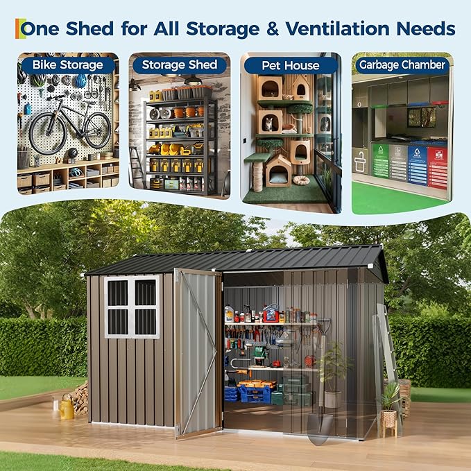 8x10 FT Outdoor Storage Shed,450CU.T Metal Tool Shed with Clear Window, Lockable Doors,Large Garden Storage Box with Sloping Roof，Sheds&Outdoor Storage for Backyard Garden Patio Lawn