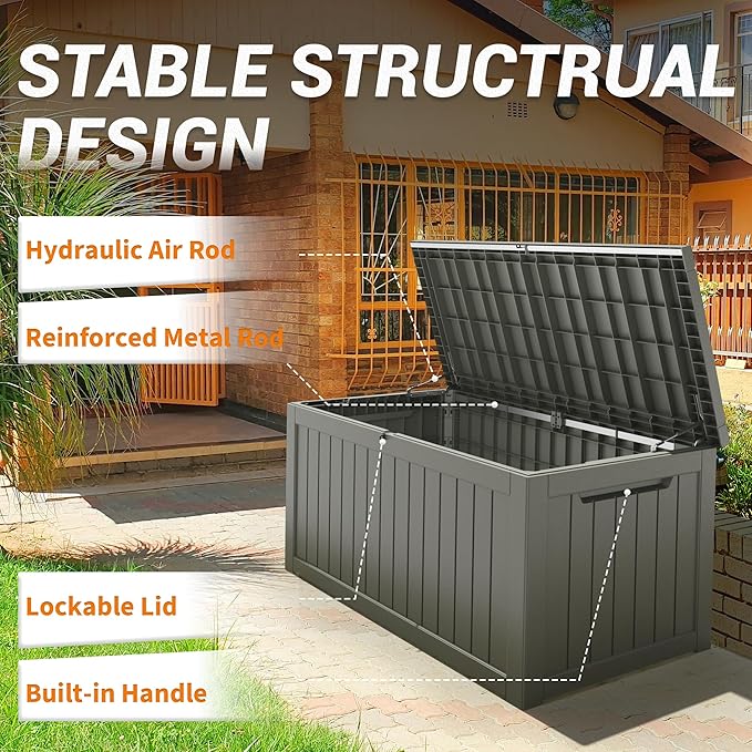 240 Gallon Outdoor Storage Box, Resin Deck Boxes Outdoor Waterproof For Patio Furniture, Garden Tools, Pool Supplies, Lockable And UV Resistant (Striped Gray)