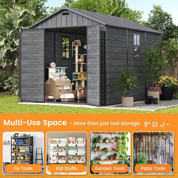 UDPATIO Outdoor Resin Storage Shed 8 x 10 FT, Plastic Storage Shed with Floor Large Outdoors Garden Tool Storage Shed Outside Clearance Shed with Lockable Door for Bike, Backyard, Patio, Dark Grey
