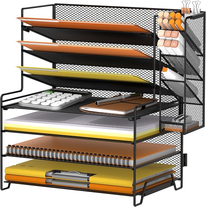 SUPEASY 7 Tier Desk Organizer, 4 Tier Paper Organizer + 3 Tier File Holder with Pen Holder, Desk Organization and Storage for Home Office, Black