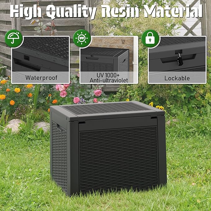 Oudoor Storage Deck Boxes Waterproof, Waterproof and UV Resistant Outdoor Storage Box Lockable Lid for Delivery Box, Indoor, Garden Tools, Pool Supplies, Patio (Black, 35 Gallon)