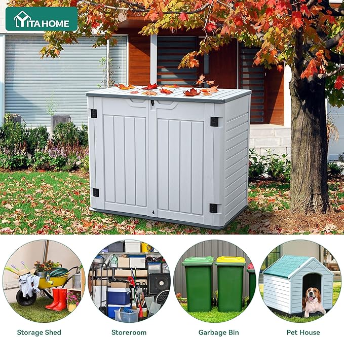 YITAHOME Outdoor Horizontal Storage Sheds w/o Shelf, 35 Cu Ft Lockable Resin Waterproof Shed, Ideal for Garden Tools, Easy to Assemble, Light Gray