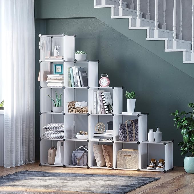 C&AHOME Cube Storage Organizer, 16-Cube Shelves Units, Plastic Storage Cubes, DIY Closet Organizer, Modular Closet Storage Shelves Ideal for Home, 48.4" L × 12.4" W × 48.4" H Transparent SUM3016W