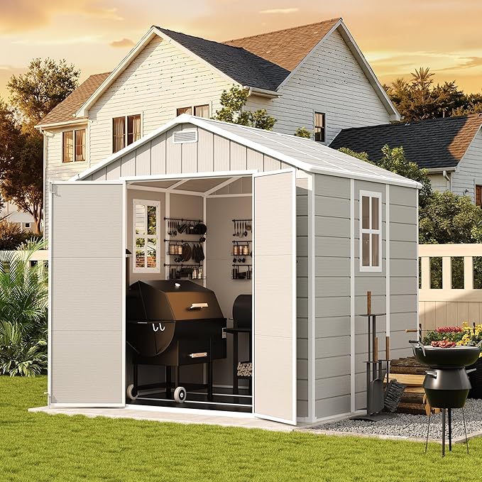 UDPATIO Resin Storage Shed 8 x 6 FT, Outdoor Garden Sheds with Floor Plastic Patio Outdoor Storage Shed with Lockable Door, Sandstone