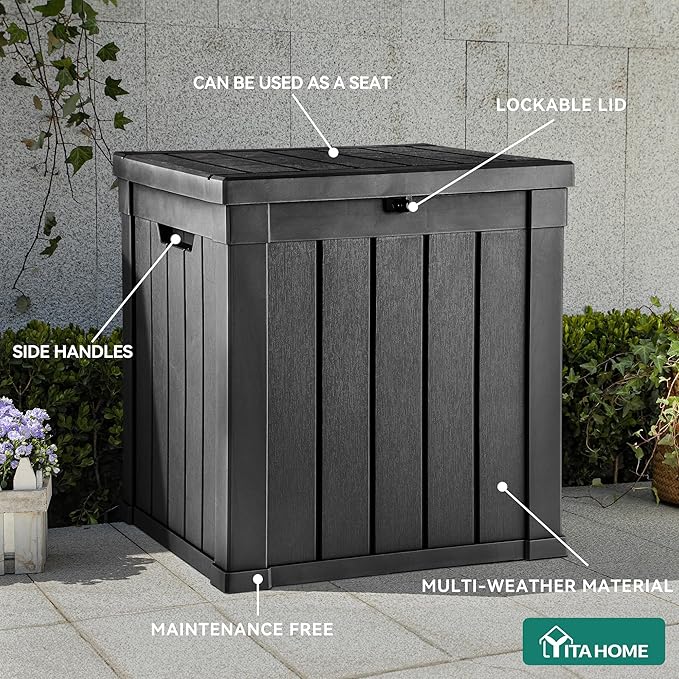YITAHOME Deck Box, 51 Gallon Weatherproof Outdoor Storage Container for Patio Cushions, Pool Supplies, Garden Tools, Lockable Lid and Side Handles, Black