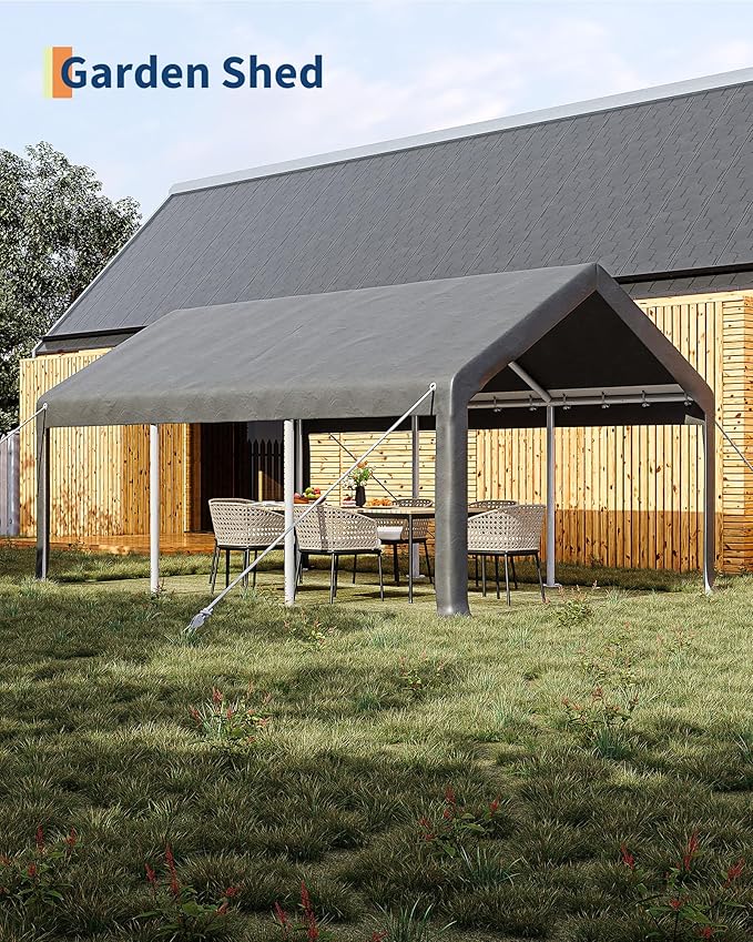 GarveeLife 10x20 ft Portable Garage, Car Port with 200 g PE Tarp Cover, with Front & Rear Roll-Up Doors and 4 Windows, for Temporary Paint Booth, Boats&Pickups Shed, and Event Shelter, Gray