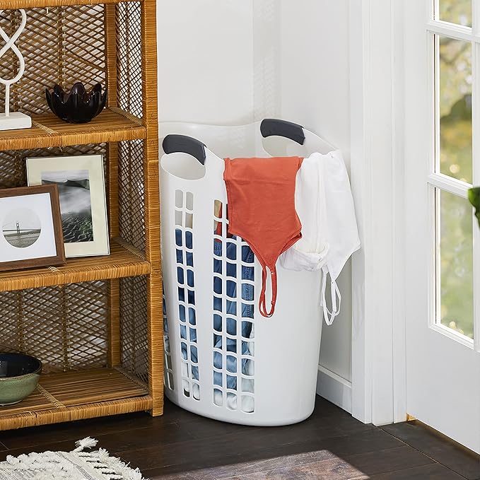 Gracious Living Easy Carry Flex Hamper, Large 87.5 Liter Lightweight Plastic Ventilated Laundry Basket Clothes Bin with Handles, White 3 Pack