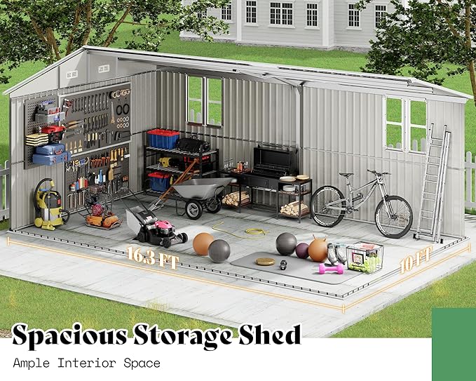 AMERLIFE 10x16x7 FT Outdoor Storage Shed with 2 Transparent Panels, Metal Garden Shed with Hinged Double Doors, 4 Windows & 4 Vents, Reinforced Steel Frame for Backyard, Garden, Dark Gray