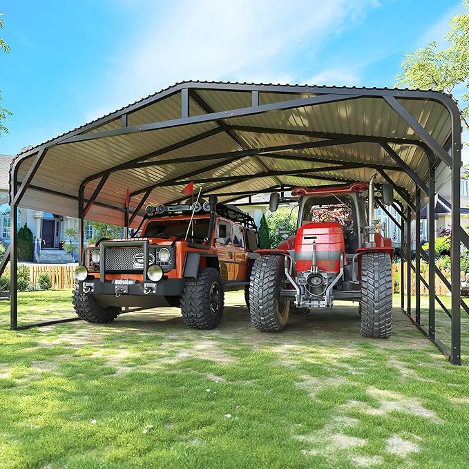 20’x20’ Carport Canopy Metal Carport Heavy Duty Car Port Galvanized Steel Roof, Reinforced Stable Triangle Frame Enhanced Base for Snowy Windy Carports Car Tent for Car,Pickup,RV,Tractor,Boat