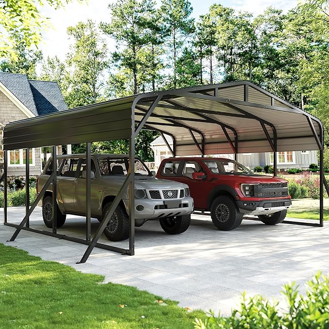 20’x20’ Carport Canopy Metal Carport Heavy Duty Car Port Galvanized Steel Roof, Reinforced Stable Triangle Frame Enhanced Base for Snowy Windy Carports Car Tent for Car,Pickup,RV,Tractor,Boat