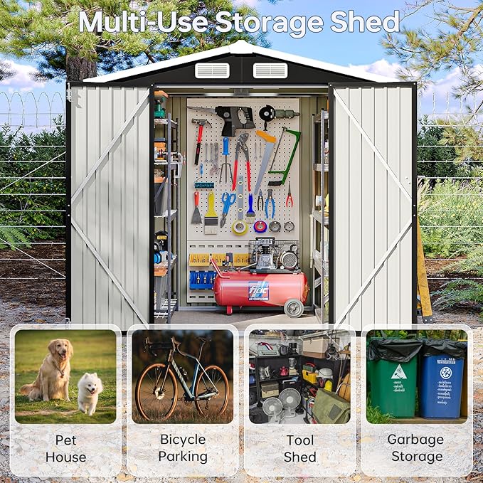 6x4 FT Outdoor Storage Shed with Base, Metal Garden Tool Shed with Sloping Roof & Lockable Door for Patio Lawn Backyard (Black with Base)