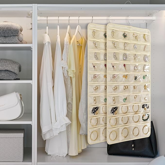 80 Pocket Hanging Jewelry Organizer with Hanger Metal Hooks Storage On Wall Door Closet Double-Sided(Each Side 40 Pockets) Jewelry Holder for Earrings, Necklaces, Rings (Beige)