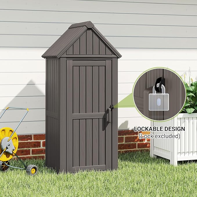 Outdoor Storage Shed - Waterproof Resin Outdoor Storage Cabinet with Removable Shelves & 12 Hooks for Garden Tools, Grilling Supplies, Gray