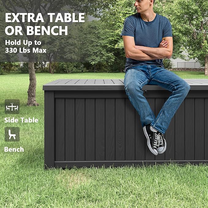 220 Gallon Outdoor Storage Box, Resin Deck Boxes Outdoor Waterproof For Patio Furniture, Garden Tools, Pool Supplies, Lockable And UV Resistant (Striped Black)