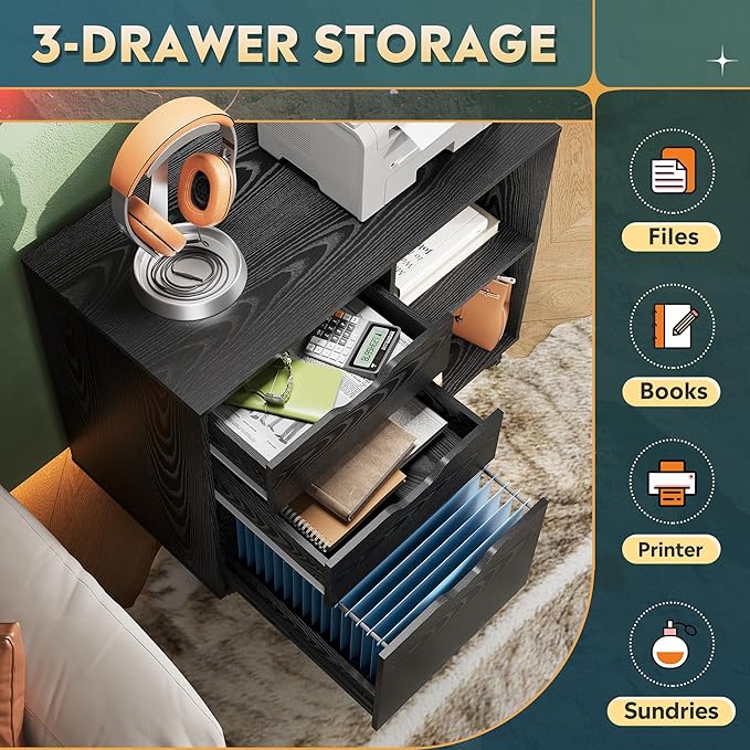 DEVAISE 3-Drawer Wood File Cabinet, Mobile Lateral Filing Cabinet, Printer Stand with Open Storage Shelves for Home Office, Black