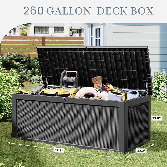 Outdoor Storage Deck Boxes Waterproof, Waterproof and UV Resistant Outdoor Storage Box Lockable Lid for Delivery Box, Indoor, Garden Tools, Pool Supplies, Patio (Black, 260 Gallon)