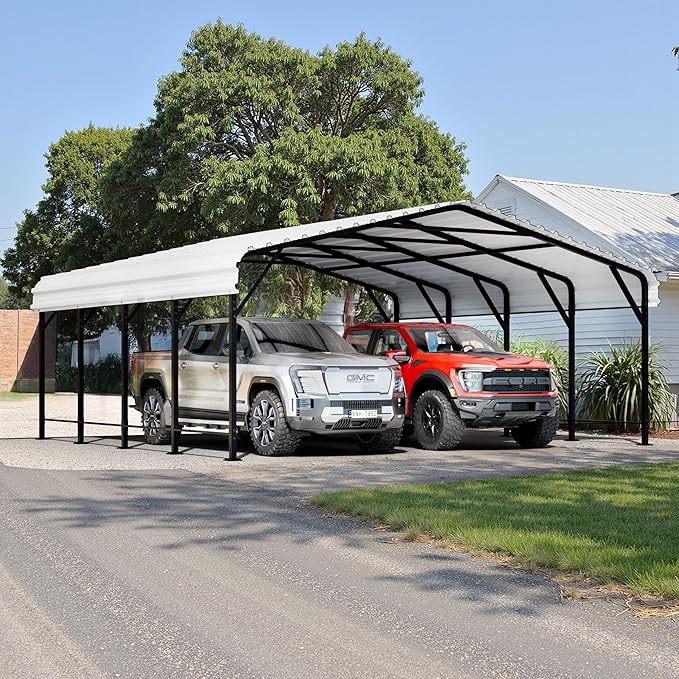 Walsunny Metal Carport 20x20 FT Heavy Duty Carport Canopy with Enhanced Base, Outdoor Car Shelter with Galvanized Steel Roof and Frame Garage for Truck, SUV, Boat