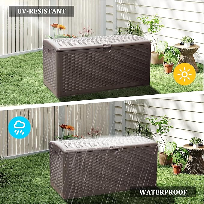 90 Gallon Outdoor Storage Box Waterproof, Lockable Resin Deck Box Large Storage Bin for Patio Furniture Cushion, Garden Tools, Pool Accessories, UV-Resistant Outside Delivery, Brown
