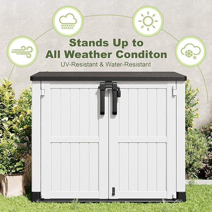 Plastic Outdoor Storage Shed, 36 Cu Ft Waterproof Outdoor Storage Cabinet with Dual Lock Door for Backyard, Patio, Garage, Garden to Store Tools & Accessories, Wood-Grain（Light Grey