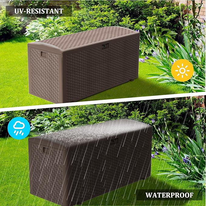 Outdoor Storage Box, 180 Pro Gallon Resin Deck Box Waterproof for Patio Furniture, Garden Tools and Pool Accessories, Lockable UV-Resistant Storage Bin Bench Cabinet for Outside, Brown
