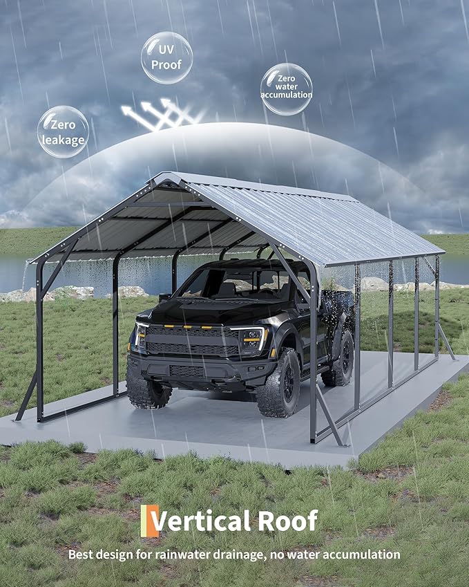 Garveelife 11'x20'x9' Metal Carport, Heavy Duty Steel Car Ports for All-Weather, Vertical Roof Design, for Full-Size Pickup Trucks, Boats, and Tractors