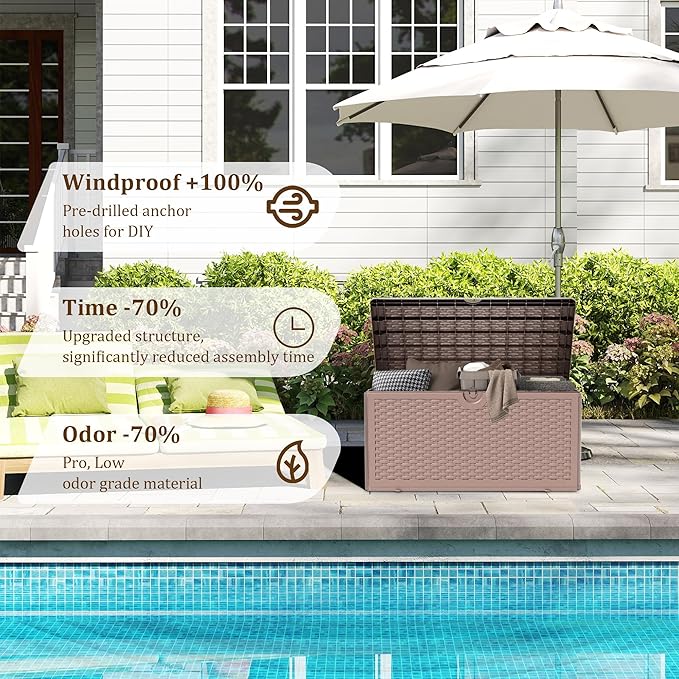 90 Gallon Outdoor Storage Box Waterproof, Lockable Resin Deck Box Large Storage Bin for Patio Furniture Cushion, Garden Tools, Pool Accessories, UV-Resistant Outside Delivery, Brown