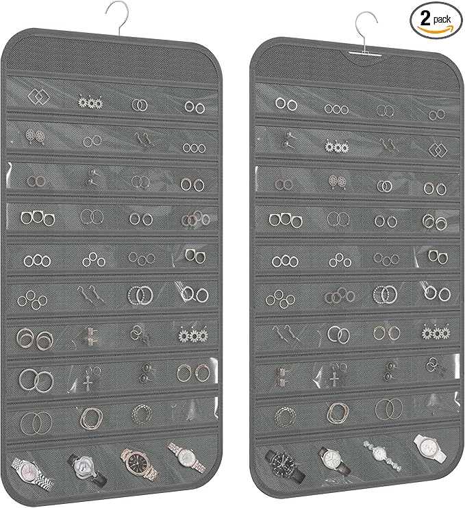2 Pack Hanging Jewelry Organizer 80-Pocket Dual-sided Jewelry Storage for Earring Necklace Bracelet Ring Travel Holder, Gray