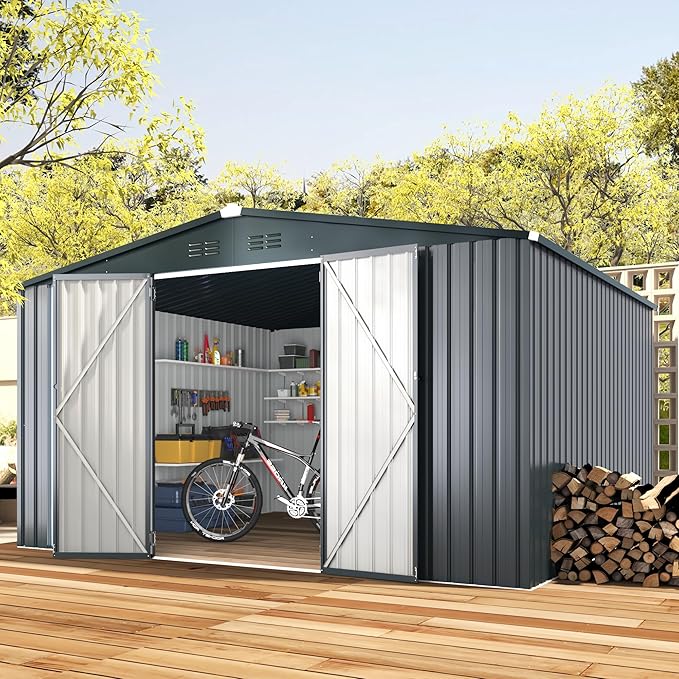 AECOJOY 10' x 12' Shed, Outdoor Storage Shed, Dark Grey Large 12x10 Sheds & Outdoor Storage Clearance with Lockable Doors, Utility and Tool Storage Garden Shed Backyard, Patio and Outside
