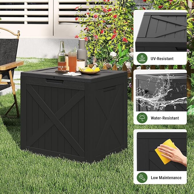 Mars Villa 31 Gallon Barn Style Deck Box, Outdoor Storage Box Waterproof, Lockable Lid, Weatherproof and UV Resistant Resin Storage Bin for Patio Furniture Cushions, Pool Supplies, Garden Tools, Black