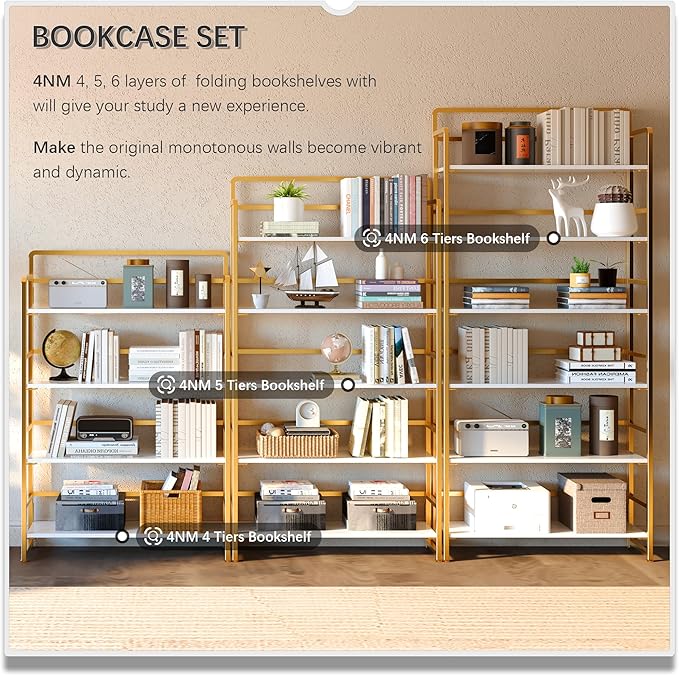 4NM No Assembly Extra Wide 4 Tiers Folding Bookshelf Storage Shelves Vintage Bookcase Standing Racks Study Organizer Home Office (White Gold)