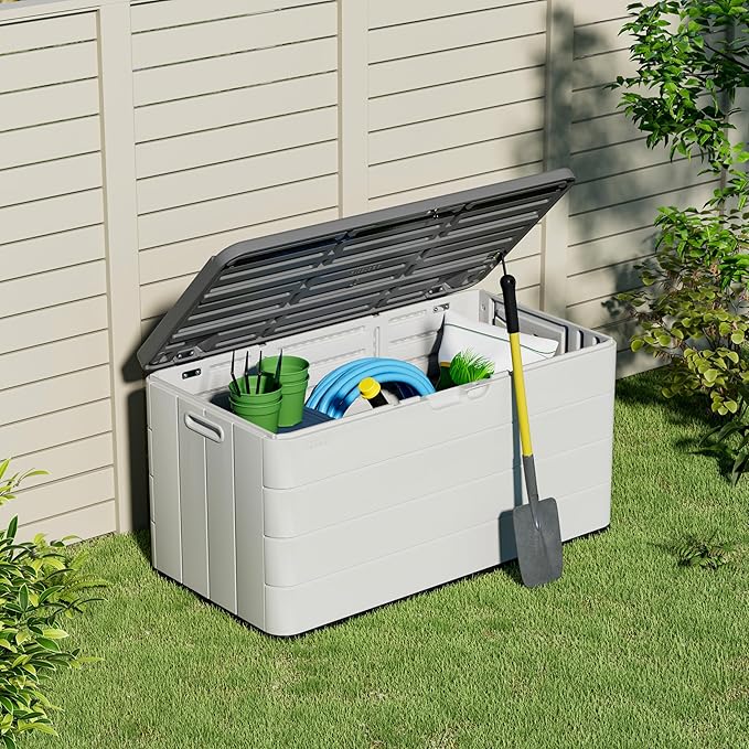 Outdoor Storage Box, 100 Gallon Plus Resin Deck Box Waterproof for Patio Furniture, Garden Tools and Pool Accessories, Lockable UV-Resistant Storage Bin Bench Cabinet for Outside, White