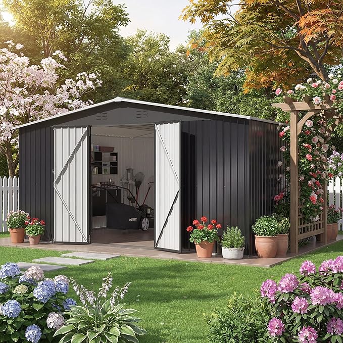 12x14 FT Storage Shed, Garden Shed with Lockable Doors and Updated Frame Structure, Metal Tool Sheds for Backyard Garden Patio Lawn, Black