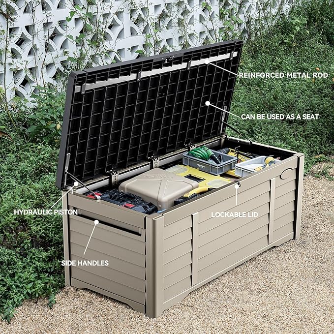 DWVO Large Deck Box 150 Gallon Waterproof Outdoor Storage Box, Extra Large Outdoor Bin, Resin Louvered Patio Storage for Pillows, Garden Tools & Pool Supplies, Lockable, Black&Brown