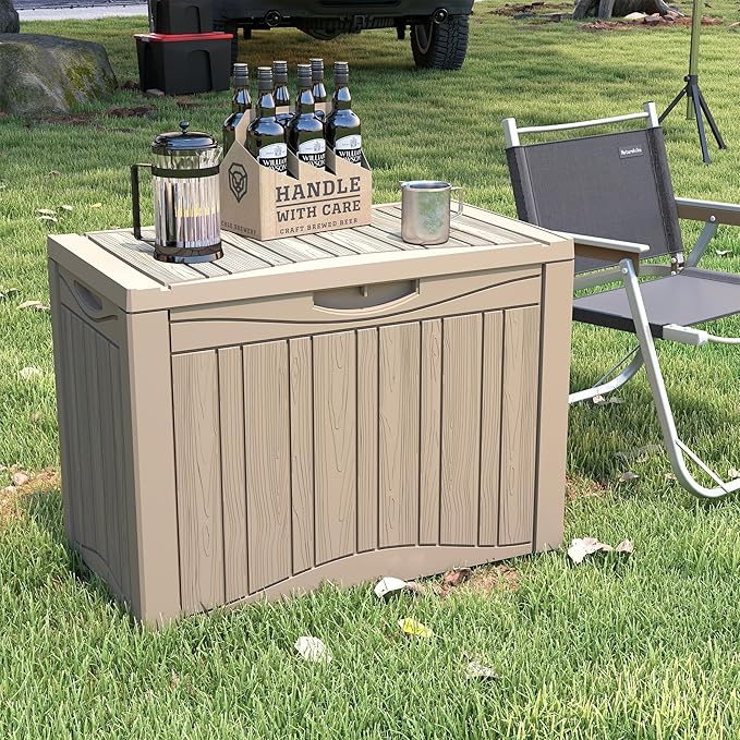 Outdoor Storage Box, 50 Gallon Plus Resin Deck Box Waterproof for Patio, Poolside and Garden, Lockable UV-Resistant Storage Bin Bench Cabinet for Small Spaces, Grey