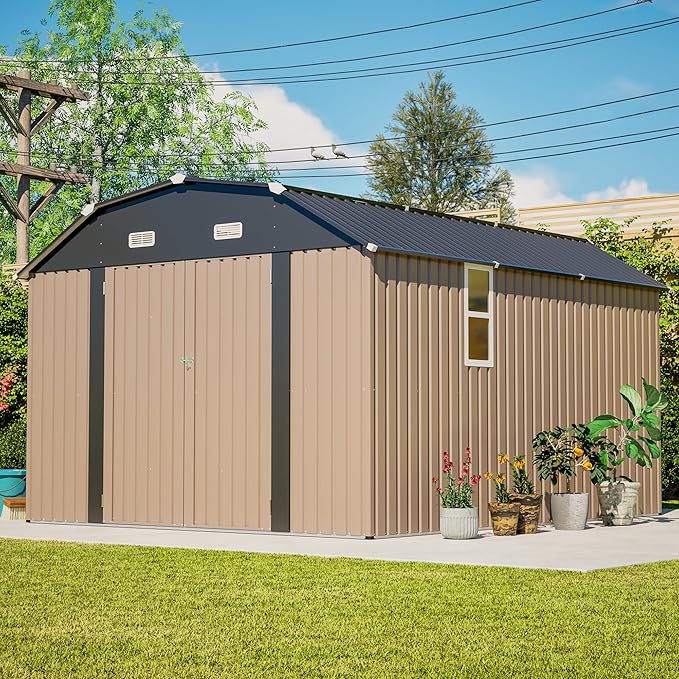 10×12 FT Outdoor Storage Shed,Heavy-Duty Metal Shed with Floor Base,All Weather Waterproof Tool Shed W/Diamond Roof & Windows,Lockable Double Door & 4 Air Vents,for Backyard,Patio,Lawn,Brown