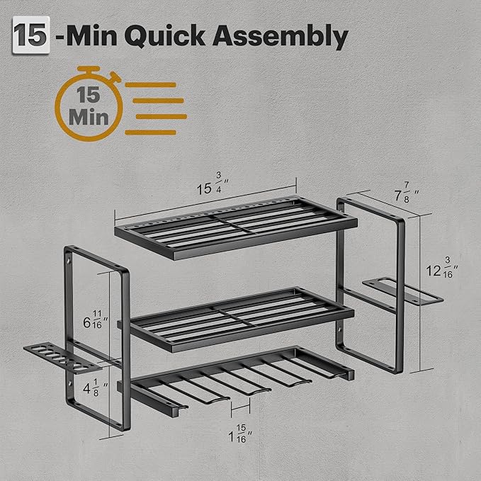 Power Tool Organizer Wall Mount, 3 Layers Storage Rack with 4 Drill Holders, Garage Storage Rack for Handheld, Metal Tool Shelf Utility Rack for Cordless Power Tools, Suitable for Giving men
